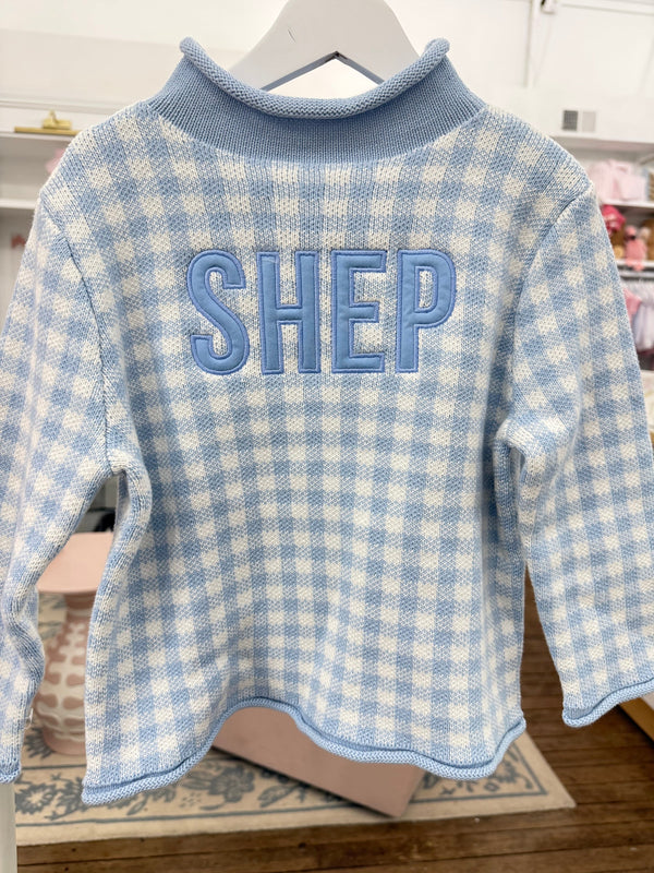 Cotton Knit Rollneck Sweater, Blue Gingham - Magpies Paducah