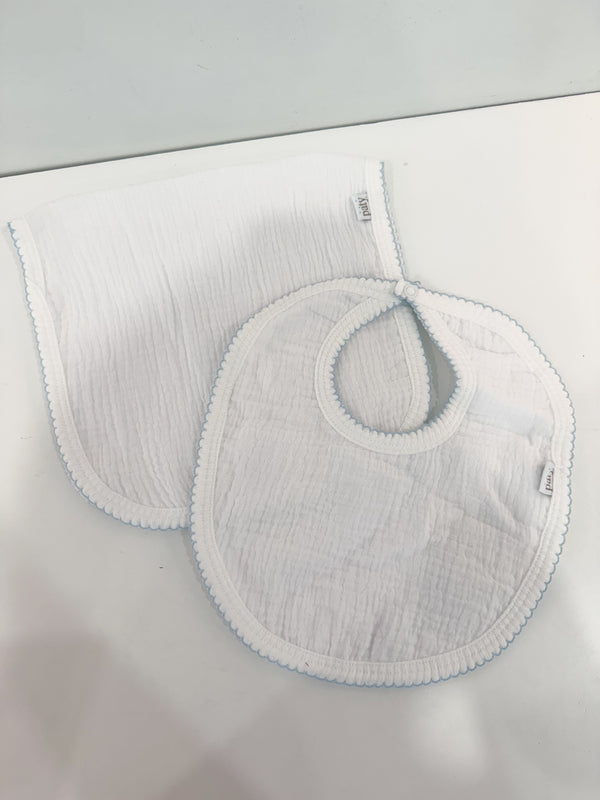 Muslin Bib/Burp Set, White/Blue Trim - Magpies Paducah