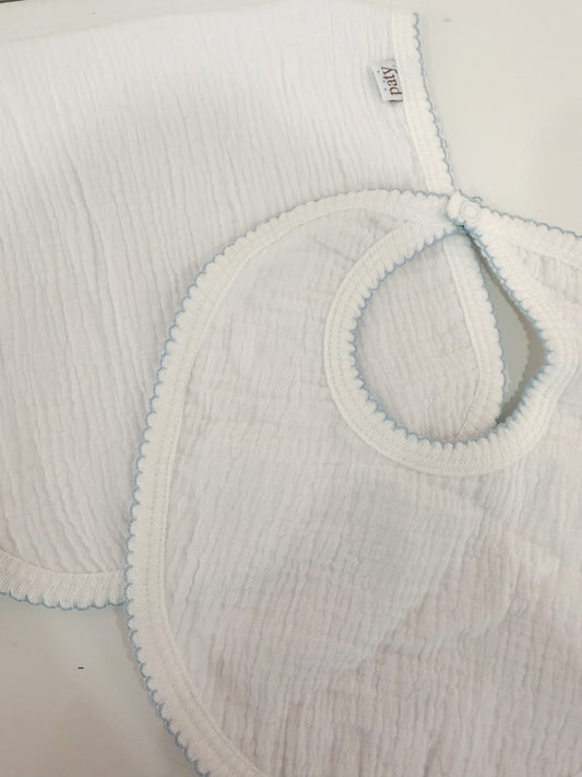 Muslin Bib/Burp Set, White/Blue Trim - Magpies Paducah