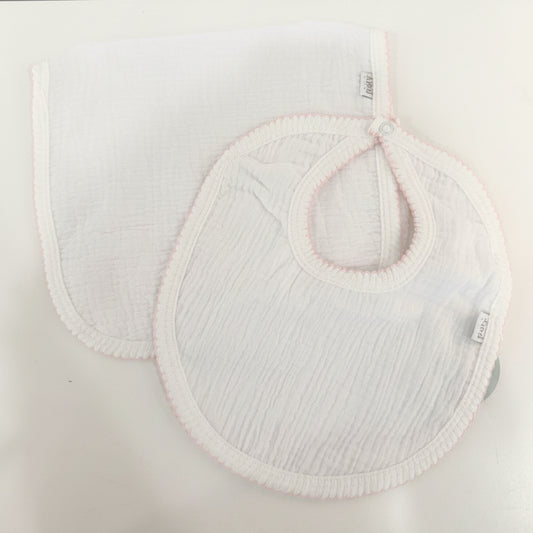 Muslin Bib/Burp Set, White/Pink Trim - Magpies Paducah