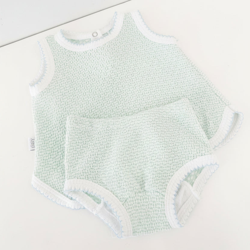 Sleeveless Contrast Trim Diaper Set, Mint/Blue Trim - Magpies Paducah