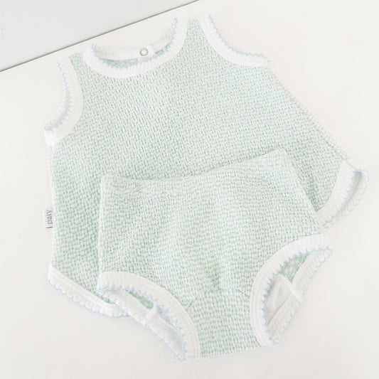 Sleeveless Contrast Trim Diaper Set, Mint/Blue Trim - Magpies Paducah