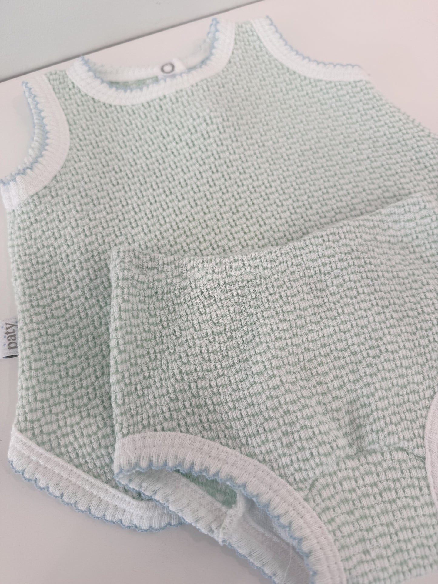 Sleeveless Contrast Trim Diaper Set, Mint/Blue Trim - Magpies Paducah