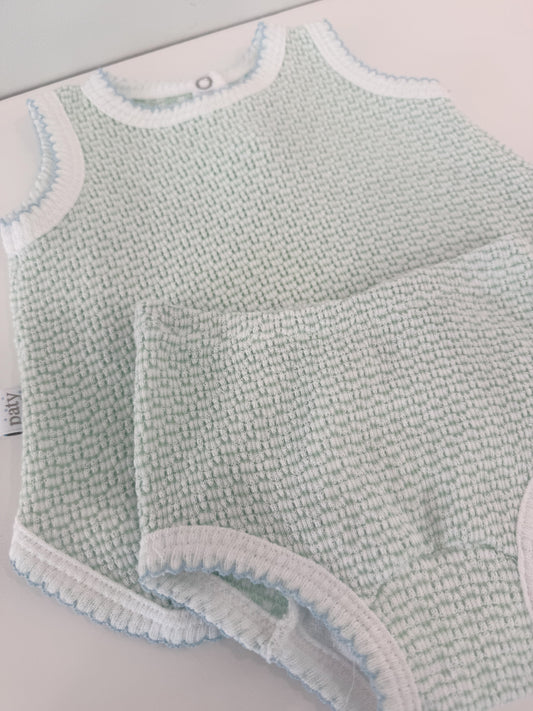 Sleeveless Contrast Trim Diaper Set, Mint/Blue Trim - Magpies Paducah