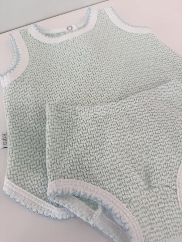 Sleeveless Contrast Trim Diaper Set, Mint/Blue Trim - Magpies Paducah