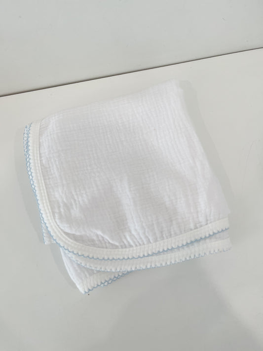 Muslin Swaddle, White/Blue Trim - Magpies Paducah