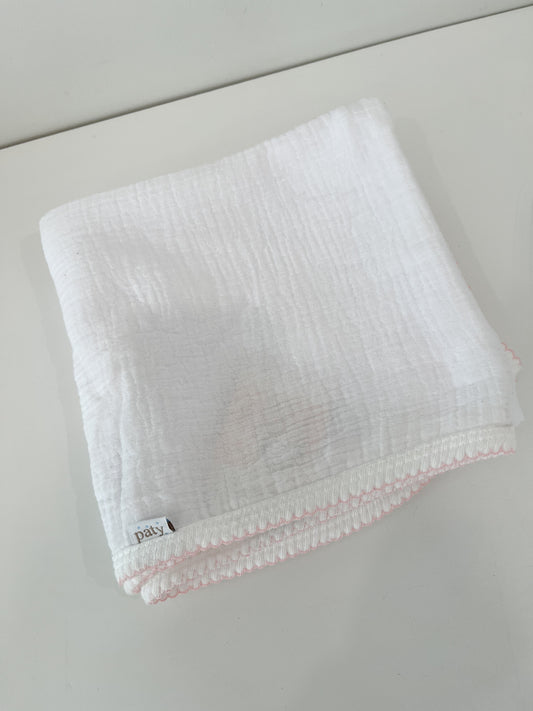 Muslin Swaddle, White/Pink Trim - Magpies Paducah