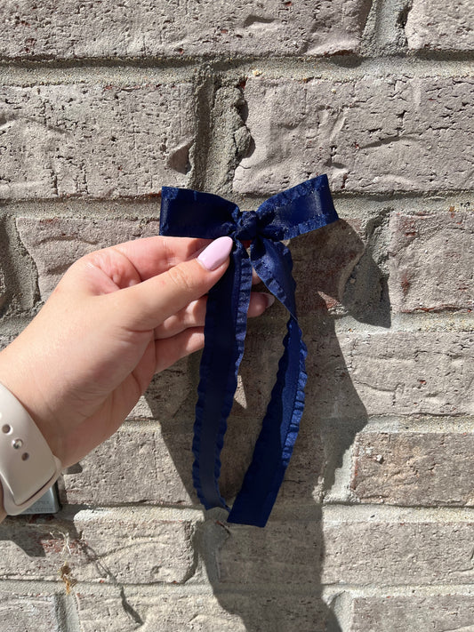 Mini Ruffle Ribbon Bow w/ Tails, Navy - Magpies Paducah