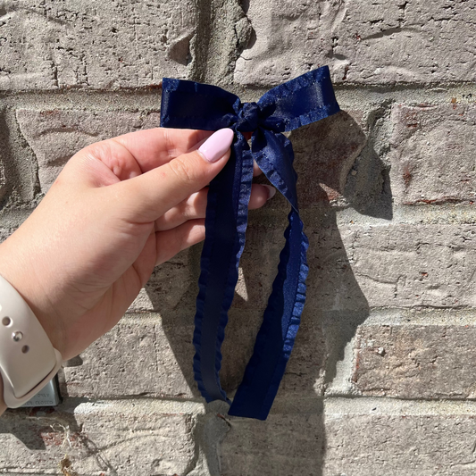 Mini Ruffle Ribbon Bow w/ Tails, Navy - Magpies Paducah