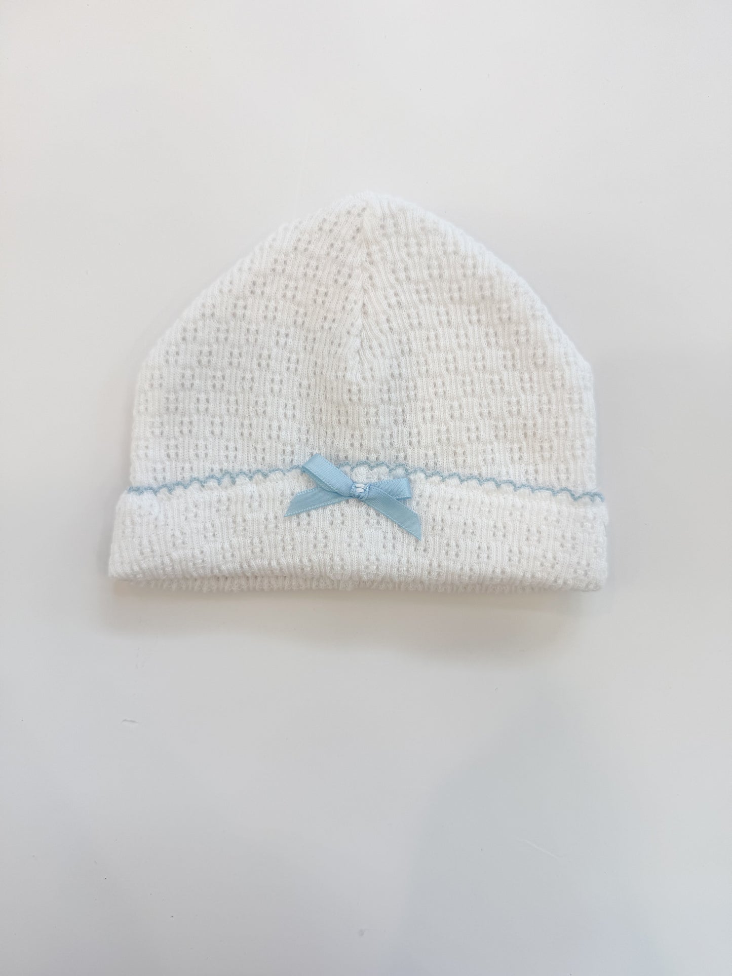 Knit Saylor Cap, White/Blue Trim Bow