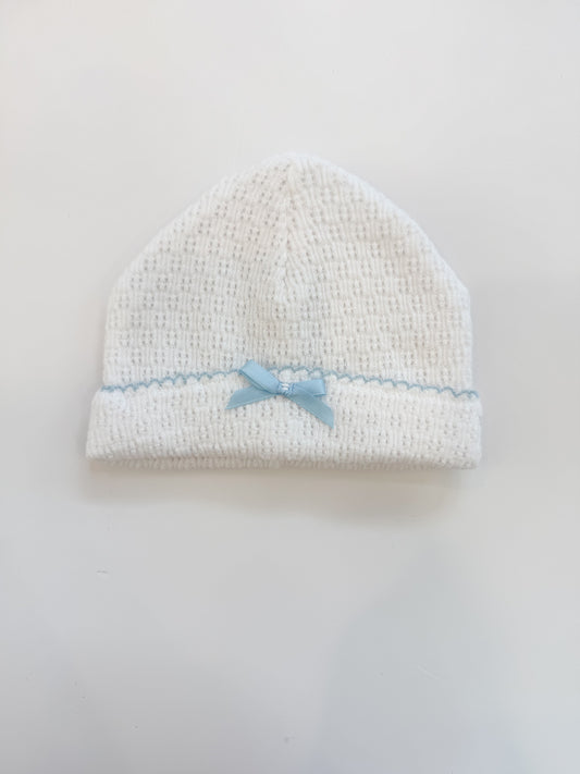 Knit Saylor Cap, White/Blue Trim Bow