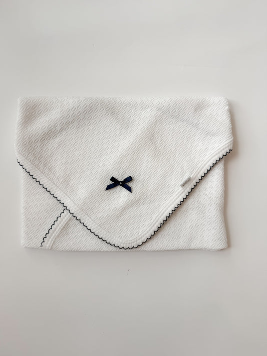 Knit Swaddle, White + Navy trim w/ bow