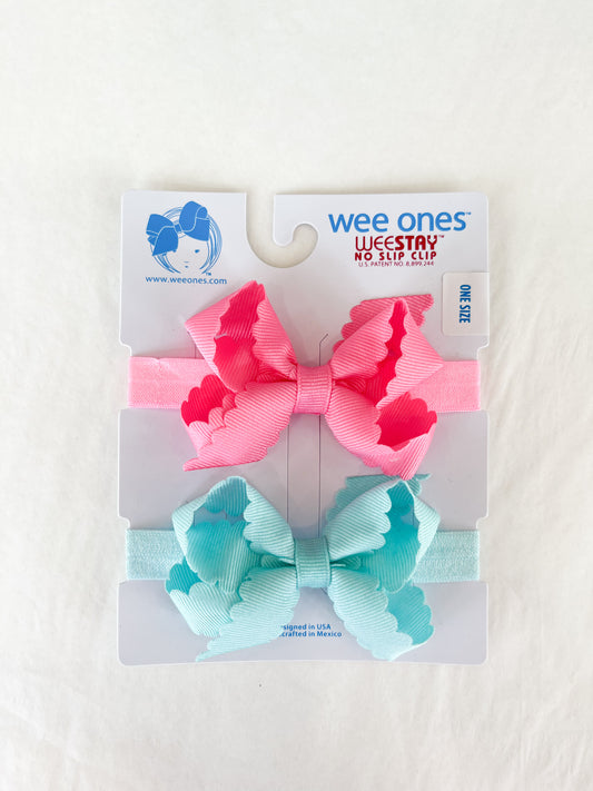 2 Pack Scalloped Bows on Band, Hot Pink & New Aqua