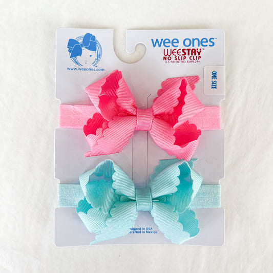 2 Pack Scalloped Bows on Band, Hot Pink & New Aqua - Magpies Paducah