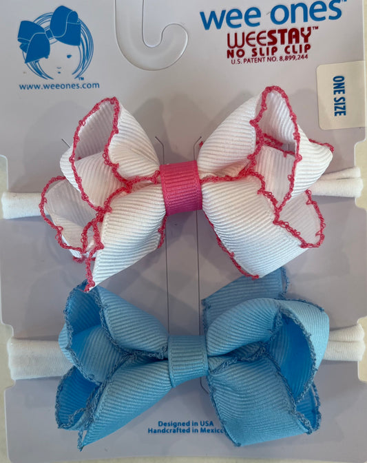 2 Pack Moonstitch Bows on Band, White/Pink & Blue