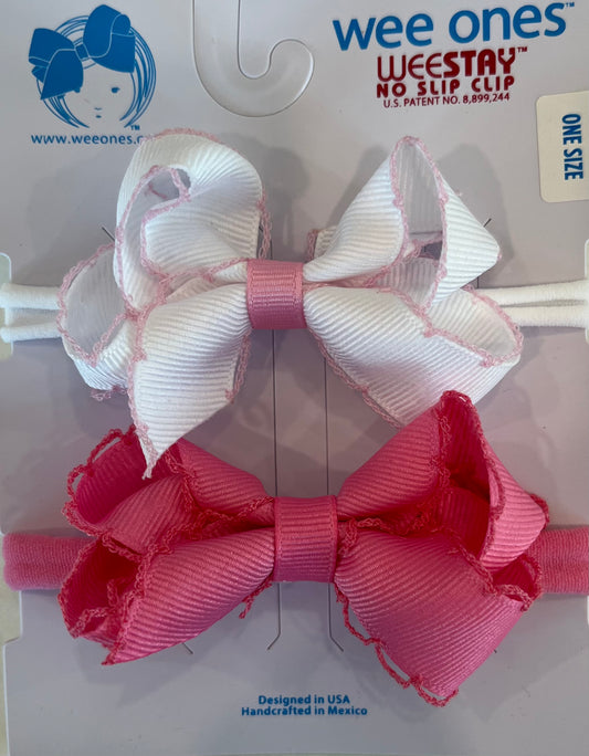 2 Pack Moonstitch Bows on Band, White/Pink & Bright Pink