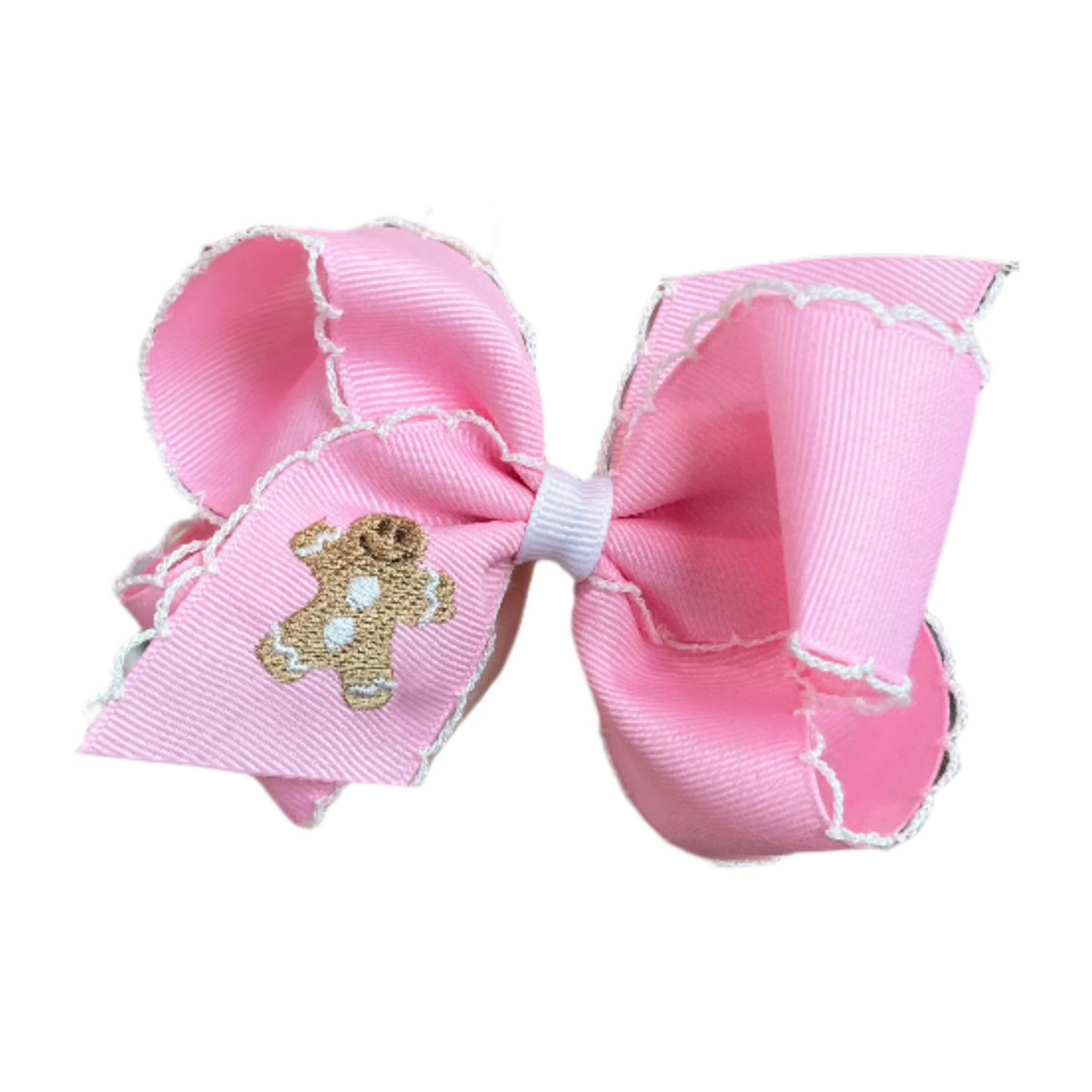 Medium Grosgrain Hair bow with Moonstitch Edge and Gingerbread Man Embroidery