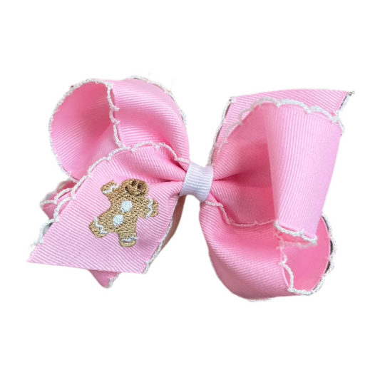 King Grosgrain Hair bow with Moonstitch Edge and Gingerbread Man Embroidery