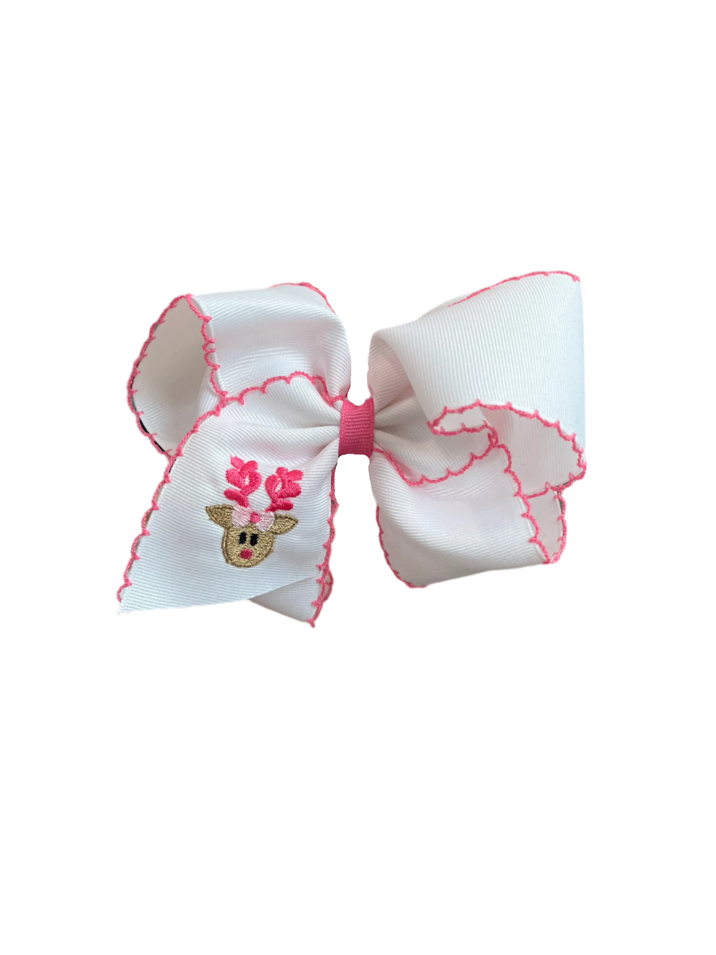 Medium Grosgrain Hair bow with Pink Moonstitch Edge and Reindeer Embroidery