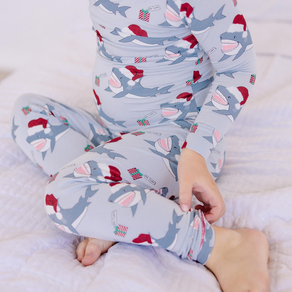 Long Sleeve PJ Set, Illusion Blue Holiday Sharks