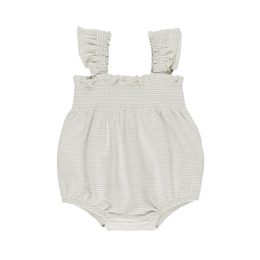 SMOCKED RUFFLE SLEEVE ROMPER || SKY MICRO STRIPE