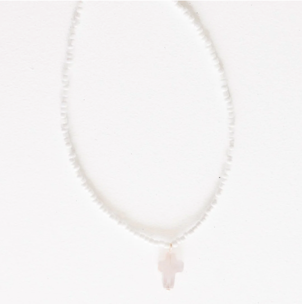 Tatum Necklace, White Beads & Quartz Cross - Magpies Paducah