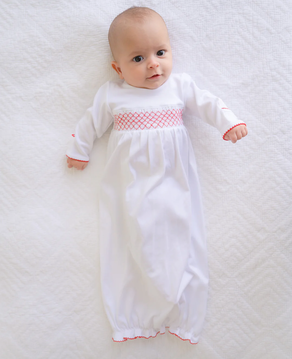 Boy Sweetly Smocked Greeting Gown, White/Red - Magpies Paducah