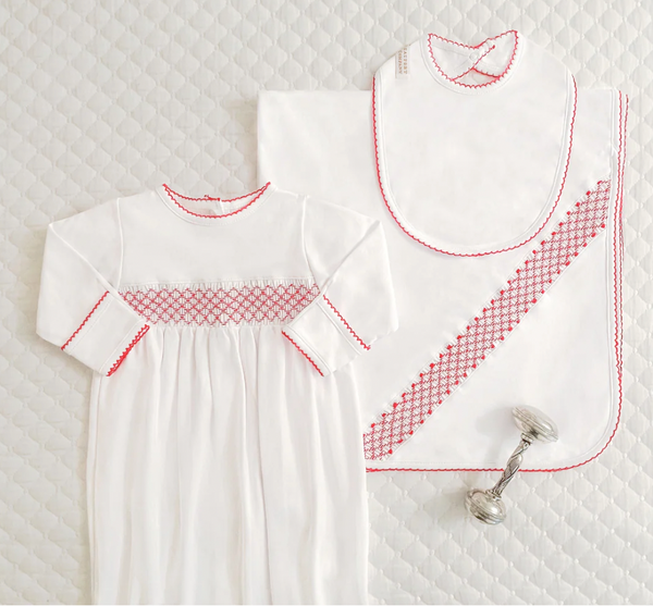 Boy Sweetly Smocked Greeting Gown, White/Red - Magpies Paducah