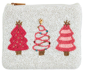 Holiday Beaded Pouch, White Christmas Trees