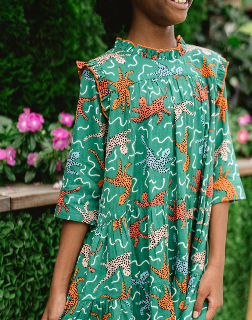 Flutter Sleeve Dress, Emerald Leopard