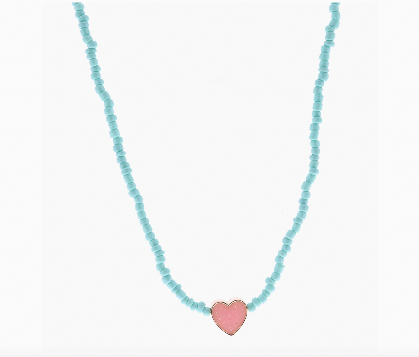 Mint Seed Bead Necklace, Pink Heart