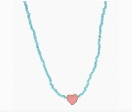 Mint Seed Bead Necklace, Pink Heart