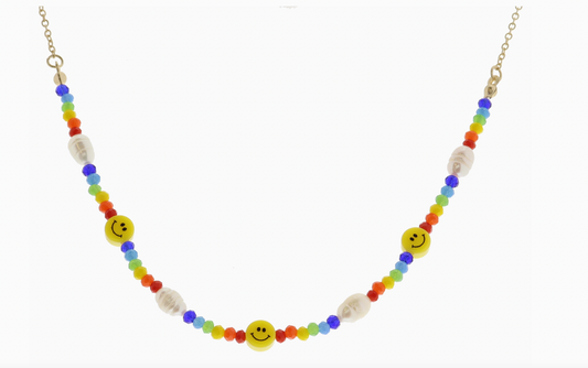 Rainbow Smiley Face Necklace, Pearl Accents - Magpies Paducah