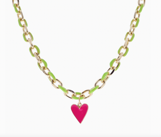 Lime Green Chain Necklace, Pink Enamel Heart