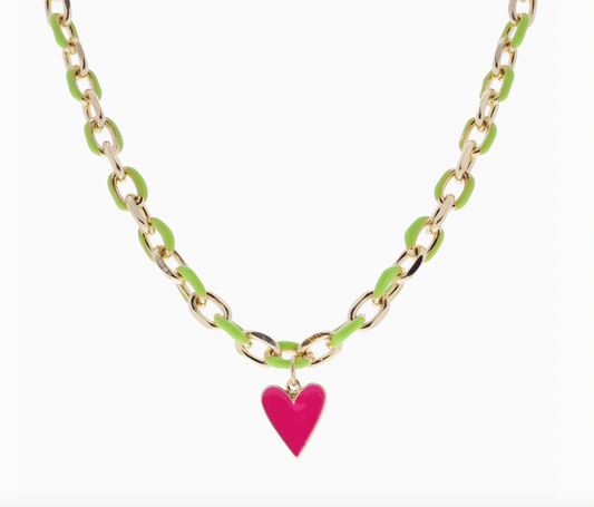 Lime Green Chain Necklace, Pink Enamel Heart - Magpies Paducah