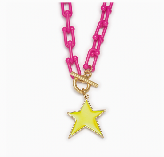 Yellow Star Charm Necklace, Hot Pink