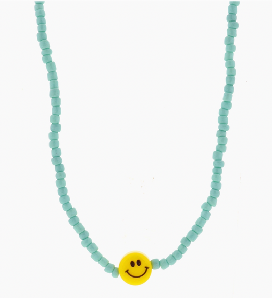 Mint Seed Bead Necklace, Smiley Face