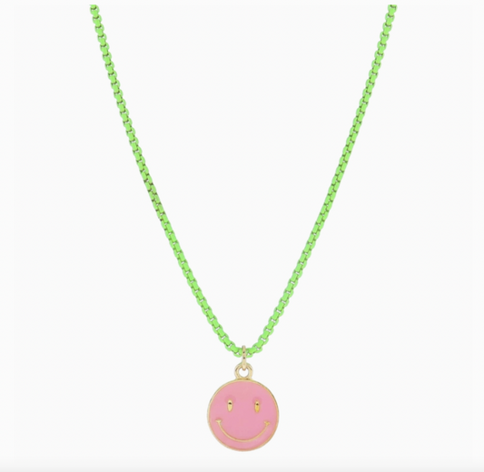 Pink Smiley Necklace, Lime Green Chain