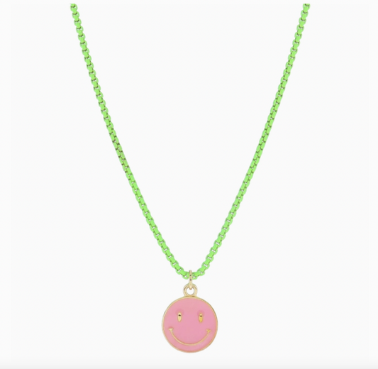 Pink Smiley Necklace, Lime Green Chain - Magpies Paducah