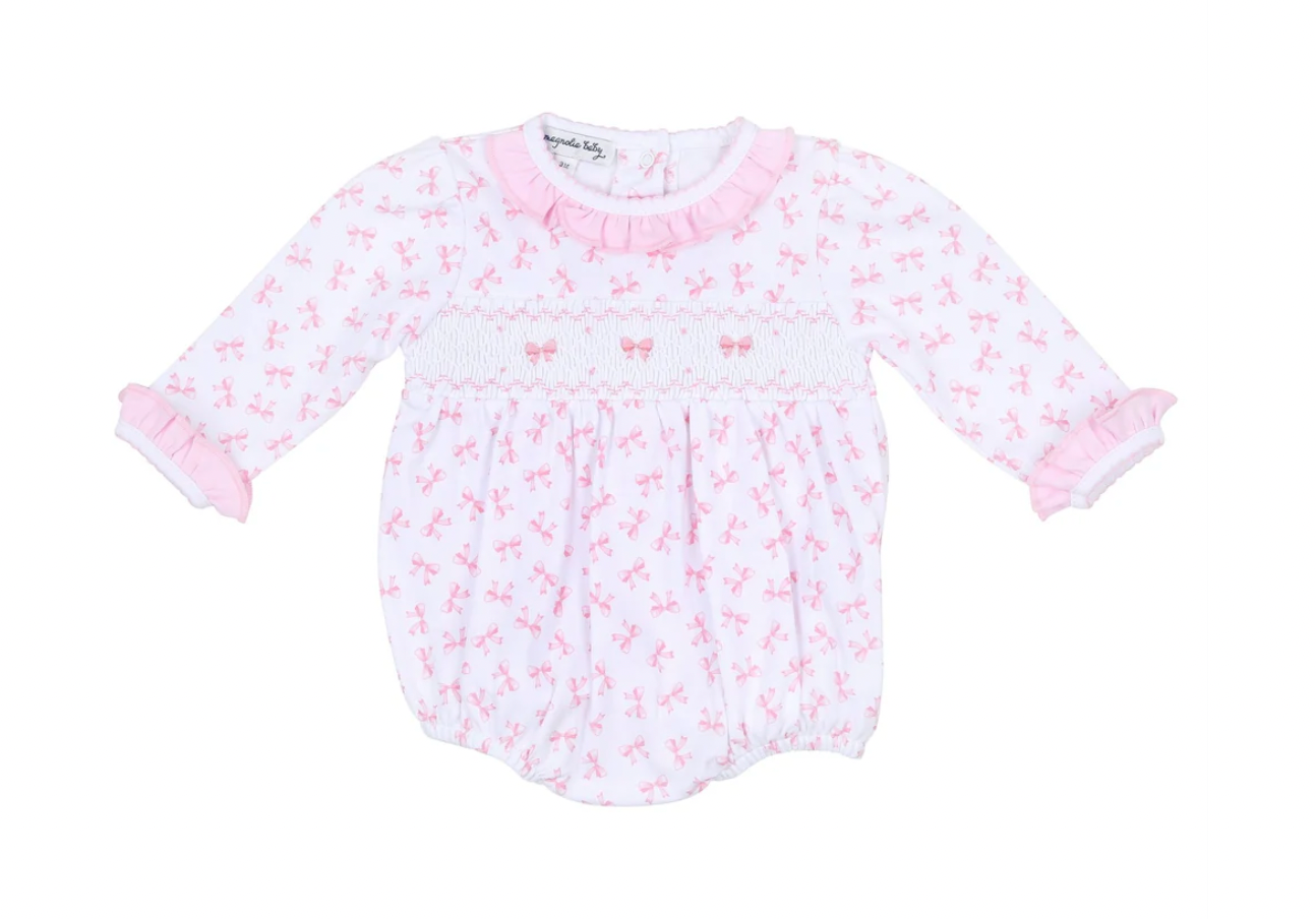 Baby Bows Smocked Printed Ruffle Bubble, Pink