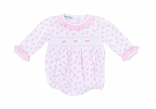 Baby Bows Smocked Printed Ruffle Bubble, Pink