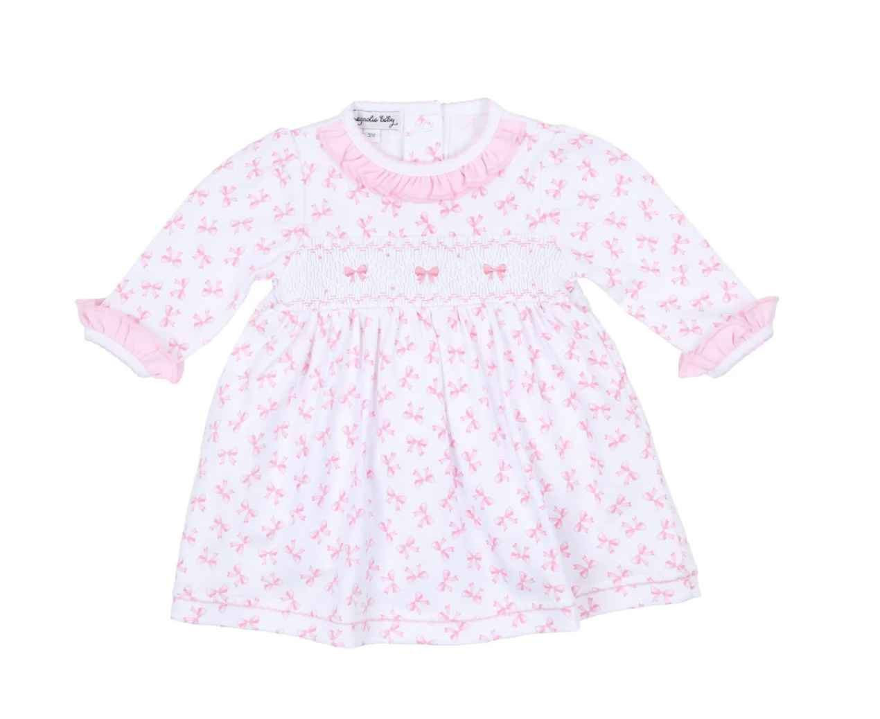 Smocked Print Ruffle Toddler Dress, Pink Baby Bows