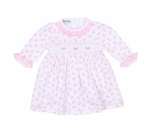 Smocked Print Ruffle Toddler Dress, Pink Baby Bows