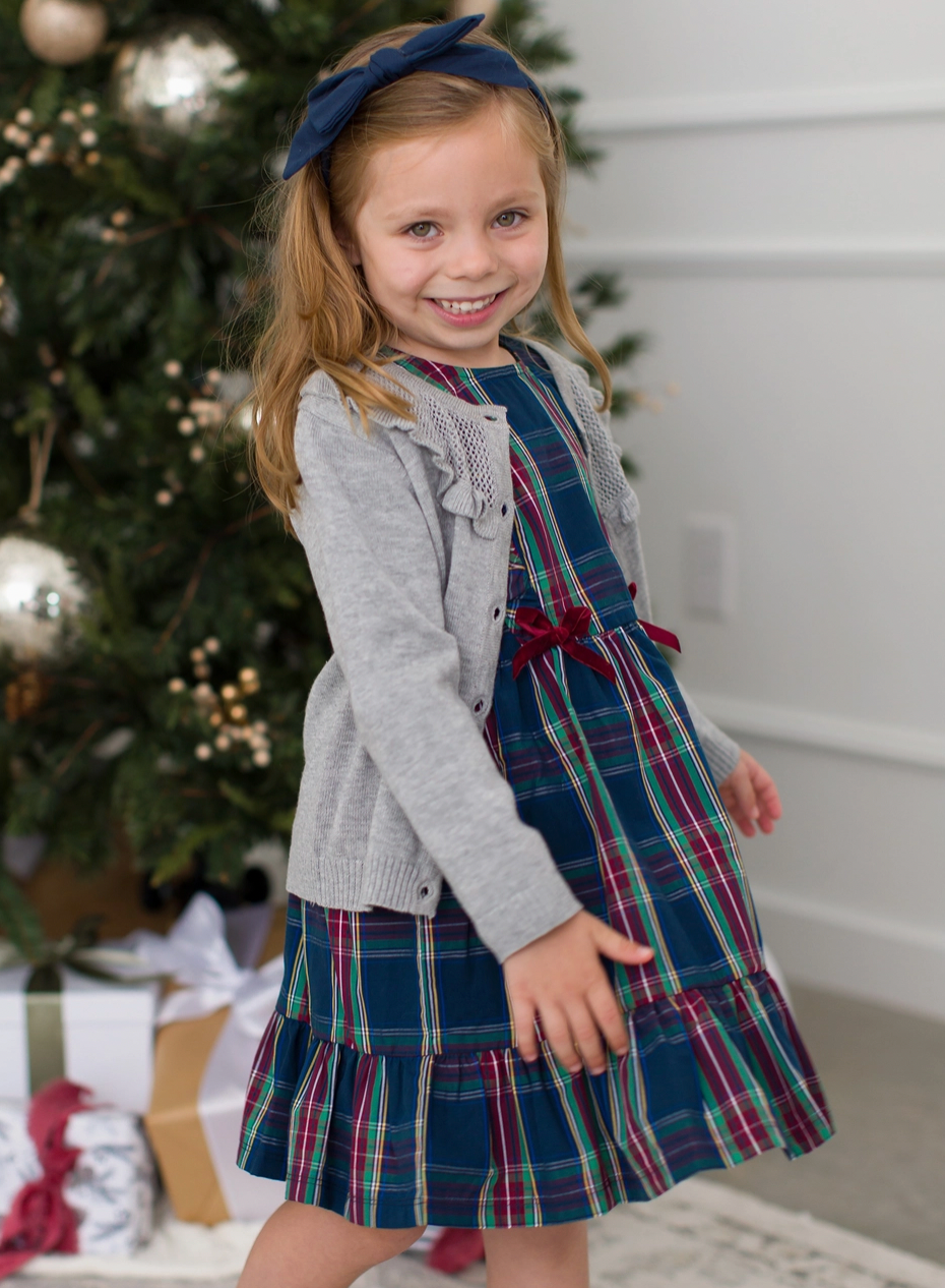 Ruffle Bow Dress, Winter Nights Plaid