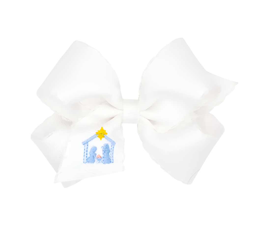 Medium Grosgrain Hair bow with Moonstitch Edge and Nativity Scene Embroidery