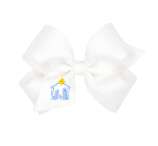 Medium Grosgrain Hair bow with Moonstitch Edge and Nativity Scene Embroidery