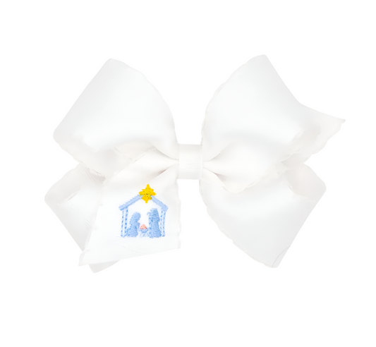 Medium Grosgrain Hair bow with Moonstitch Edge and Nativity Scene Embroidery - Magpies Paducah