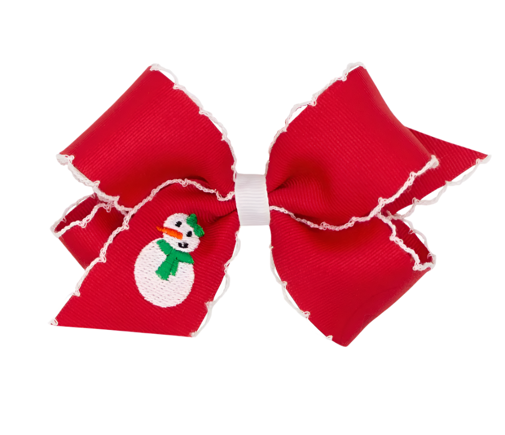 Medium Grosgrain Hair bow with Moonstitch Edge and Snowman Embroidery