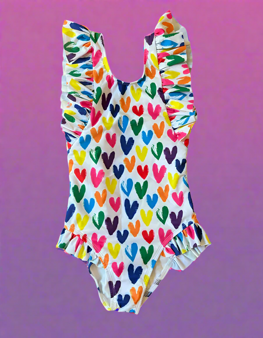 Ruffle Swimsuit, Multi Hearts - Magpies Paducah