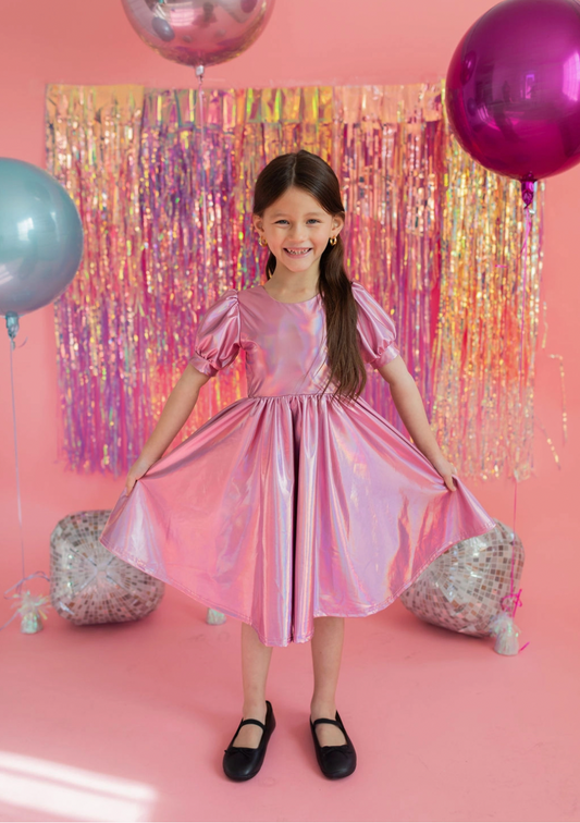 Puff Sleeve Twirl Dress, Pink Lamé - Magpies Paducah